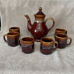 Brown Drip Glaze Coffee Pot Vintage with 6 mugs